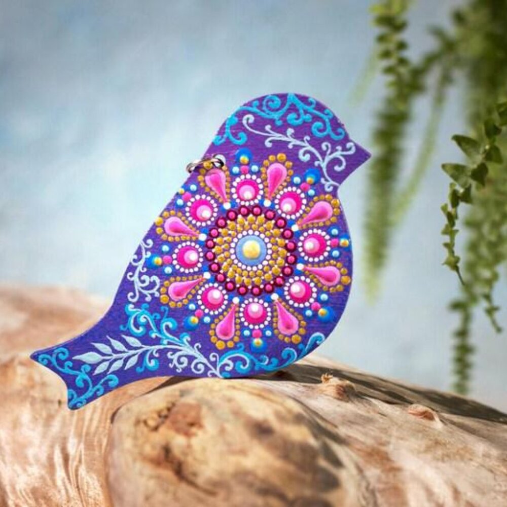 Bird Shaped Mandala Ornament Dot Art: Hand-Painted Acrylic Purple Ornament